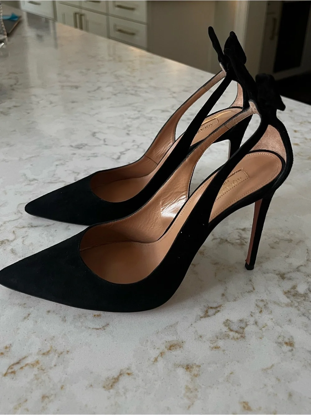Aquazzura Firenze Black Suede Pointed Bow-Back Stiletto Pumps